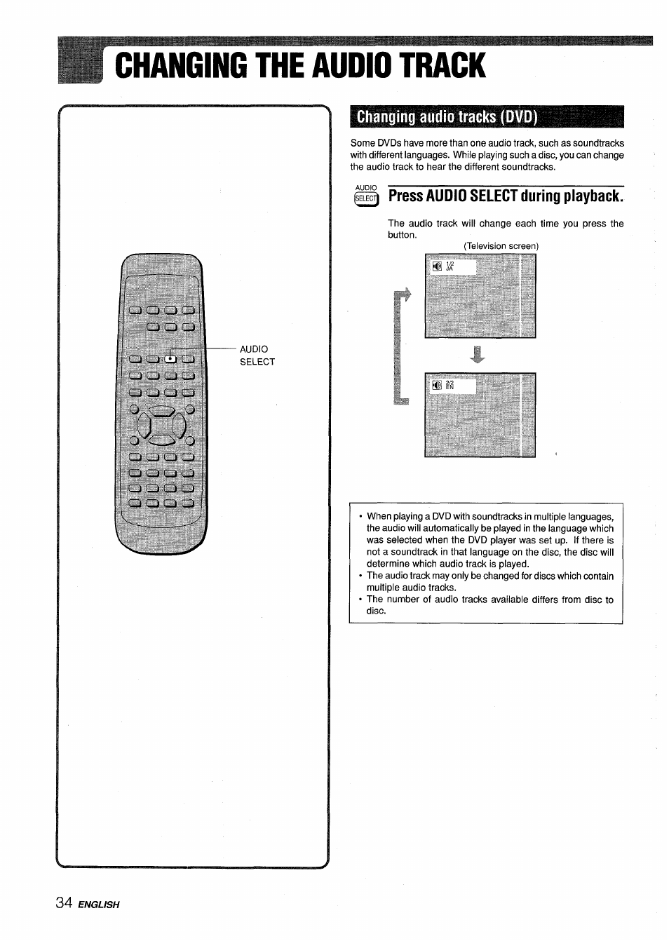 Changing the audio track, Changing audio tracks (dvd), Press audio select during playback | Sony XD-DV300 User Manual | Page 34 / 148