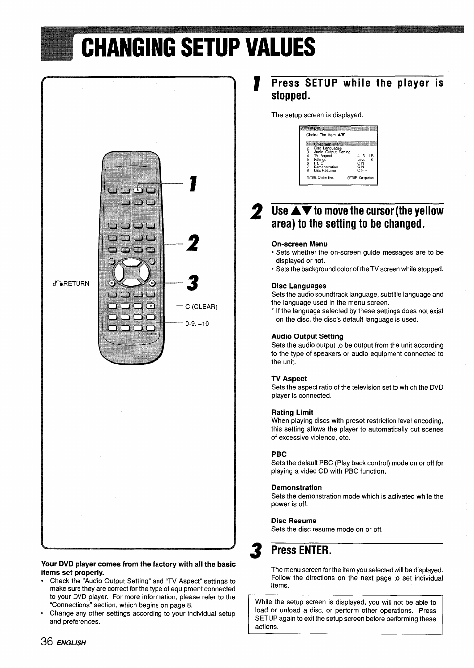 Changing setup values, I press setup while the player is stopped, On-screen menu | Audio output setting, Tv aspect, Rating limit, Demonstration, 3 press enter, Tv aspect q, Rating limit 3 | Sony XD-DV300 User Manual | Page 36 / 148