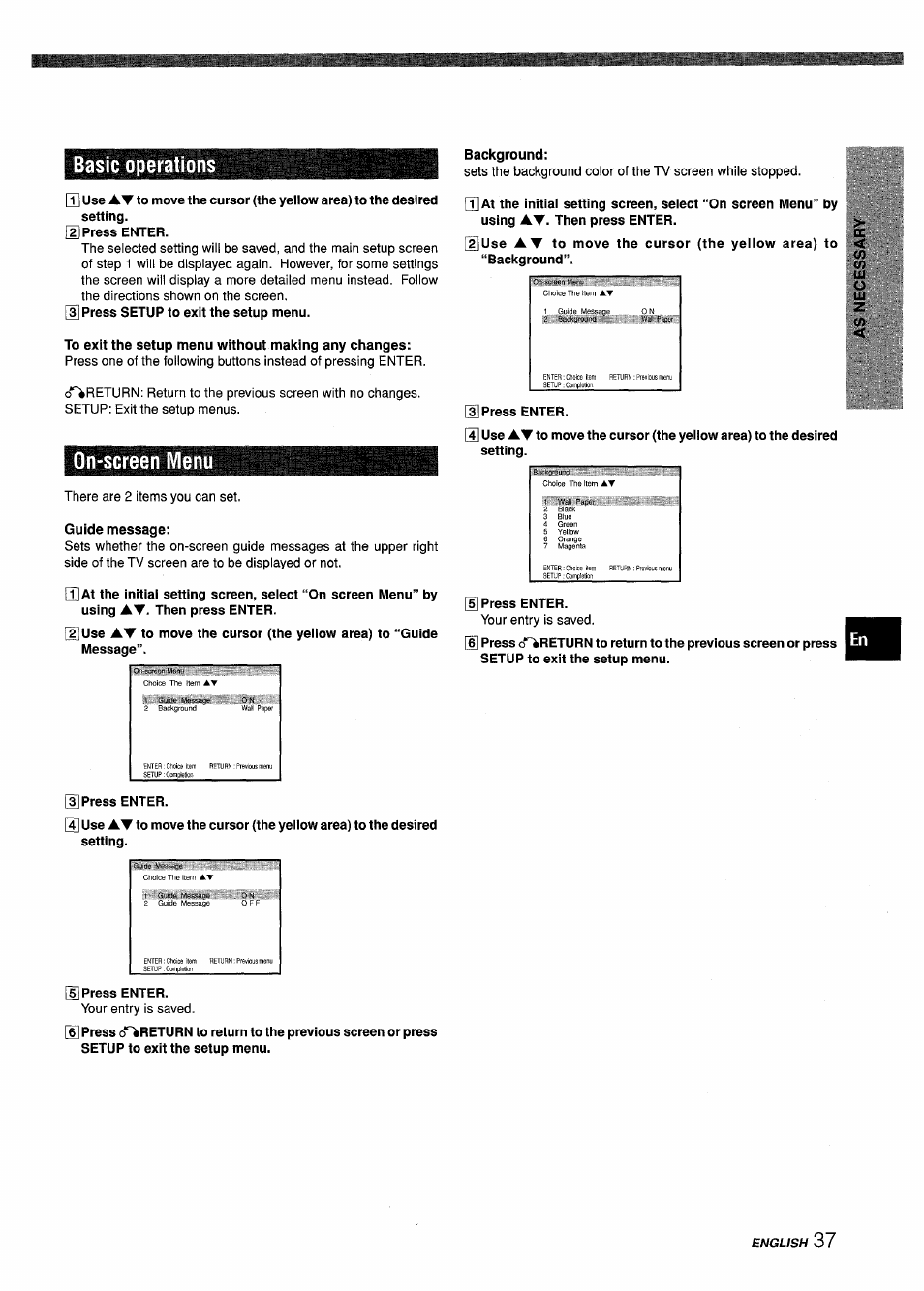 Basic operations, On-screen menu, Guide message | Background, T|at | Sony XD-DV300 User Manual | Page 37 / 148