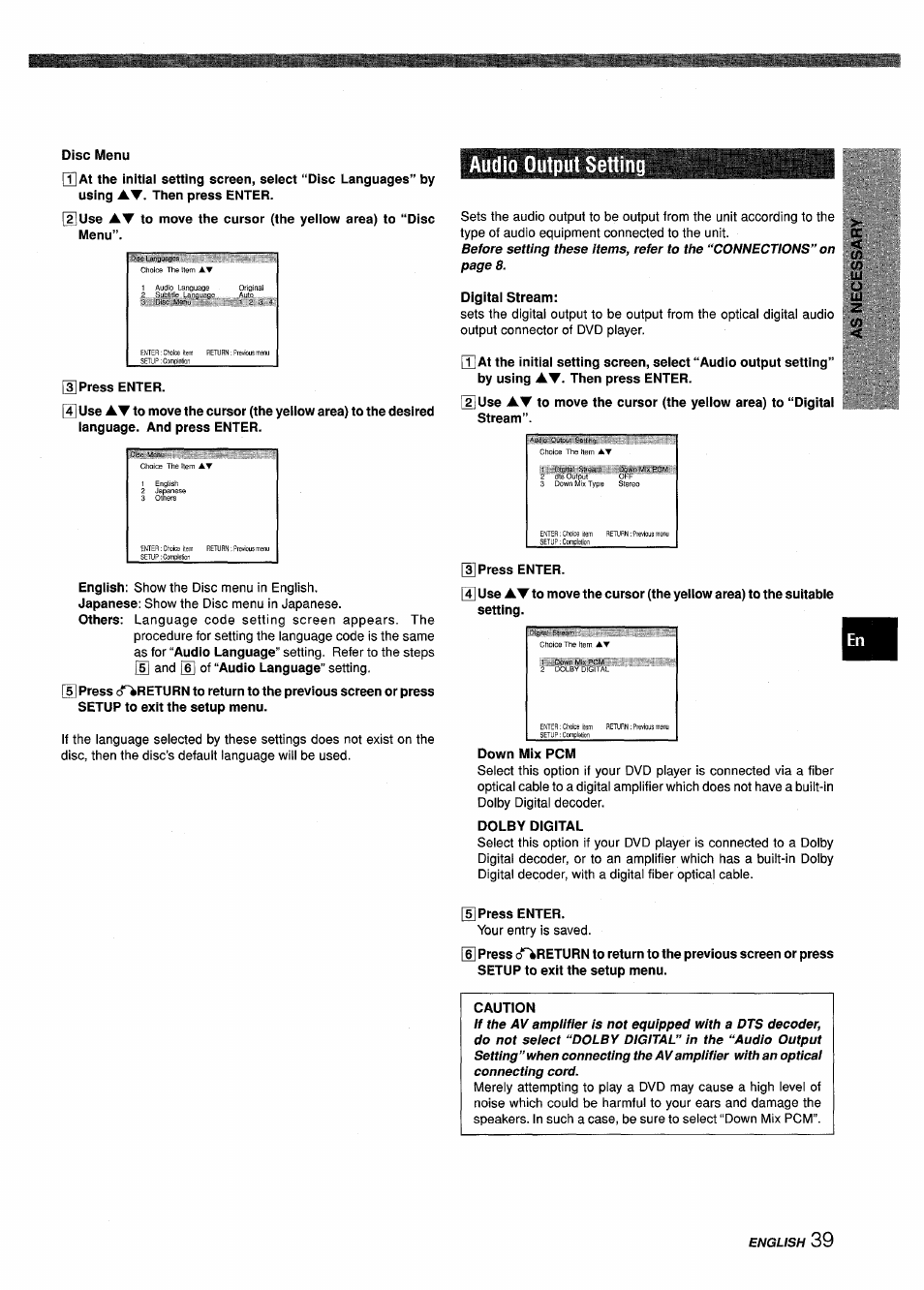 Disc menu, Audio output setting, Digital stream | Caution | Sony XD-DV300 User Manual | Page 39 / 148