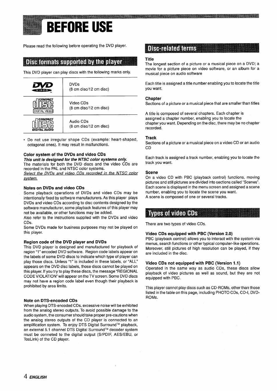 Before use, Disc-related terms, Disc formats supported by the player | Sony XD-DV300 User Manual | Page 4 / 148