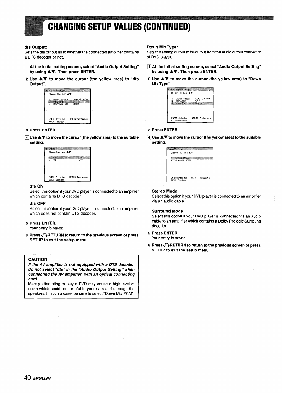 Dts output, Dts on, Dts off | Caution, Changing setup values (continued) | Sony XD-DV300 User Manual | Page 40 / 148