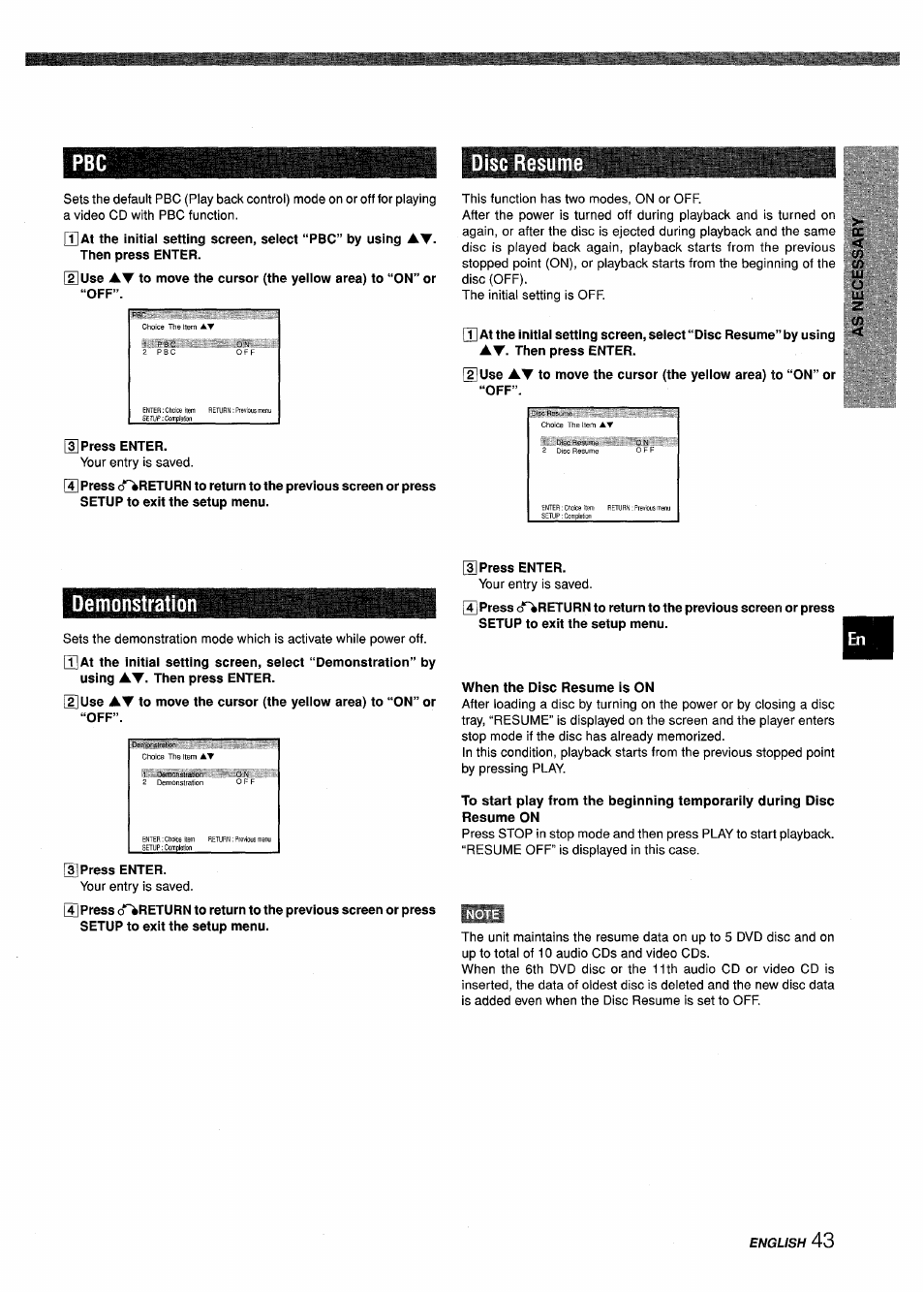 Disc resume, Demonstration, When the disc resume is on | Disc resume h | Sony XD-DV300 User Manual | Page 43 / 148