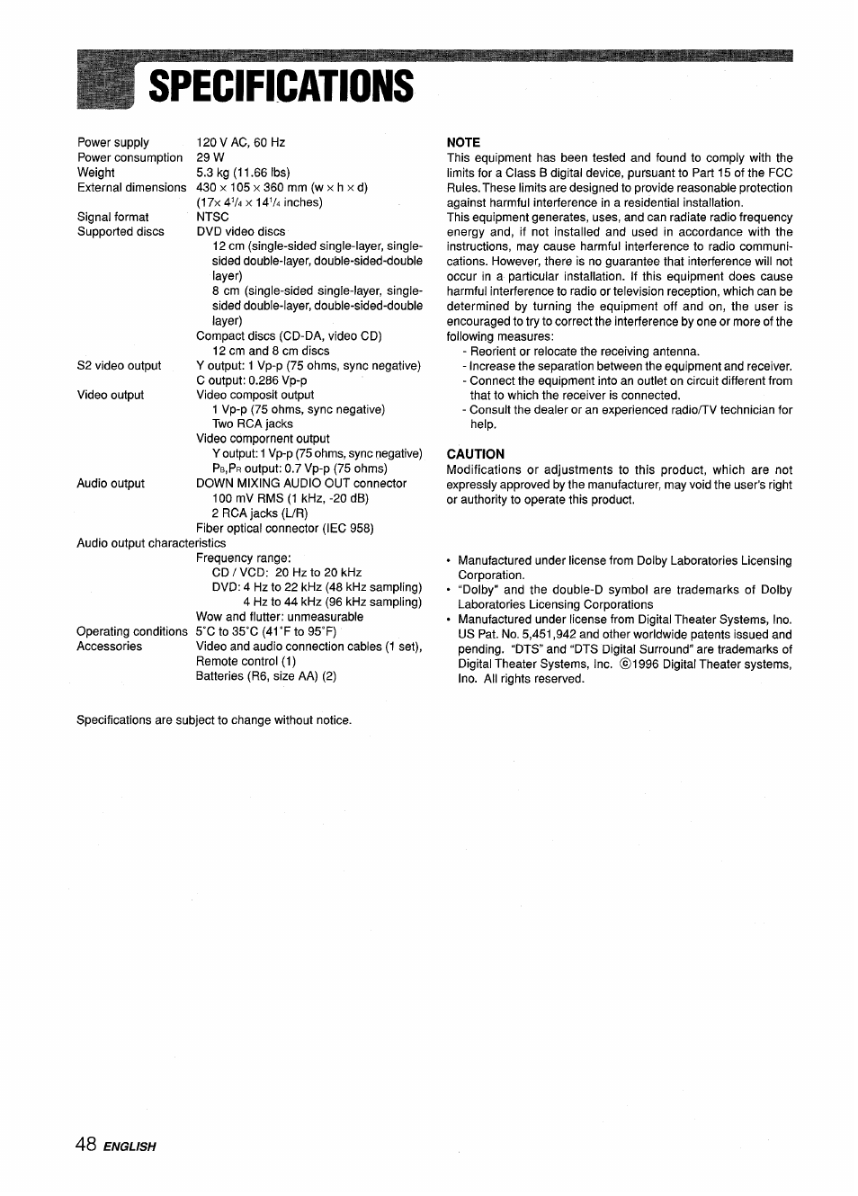 Specifications, Note, Caution | Sony XD-DV300 User Manual | Page 48 / 148