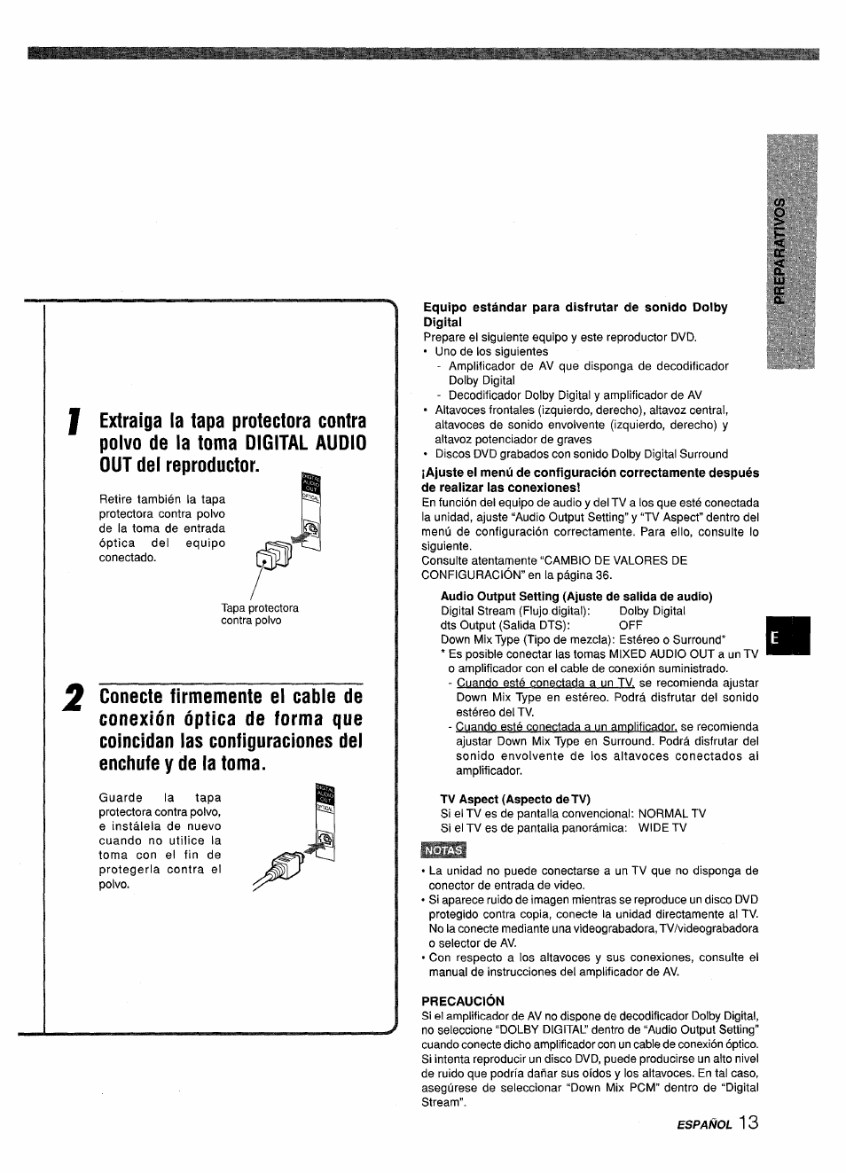 Tv aspect (aspecto de tv), Precaución, Precauciones | Notas | Sony XD-DV300 User Manual | Page 61 / 148
