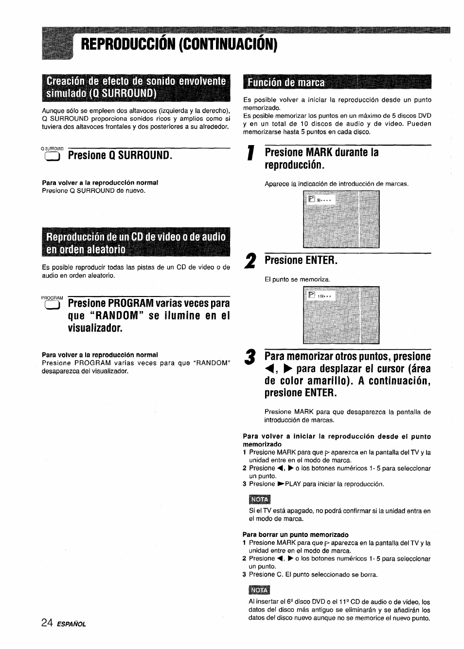Reproducción (continuación), Q presione q surround, Función de marca | I presione mark durante la reproducción, Presione enter | Sony XD-DV300 User Manual | Page 72 / 148