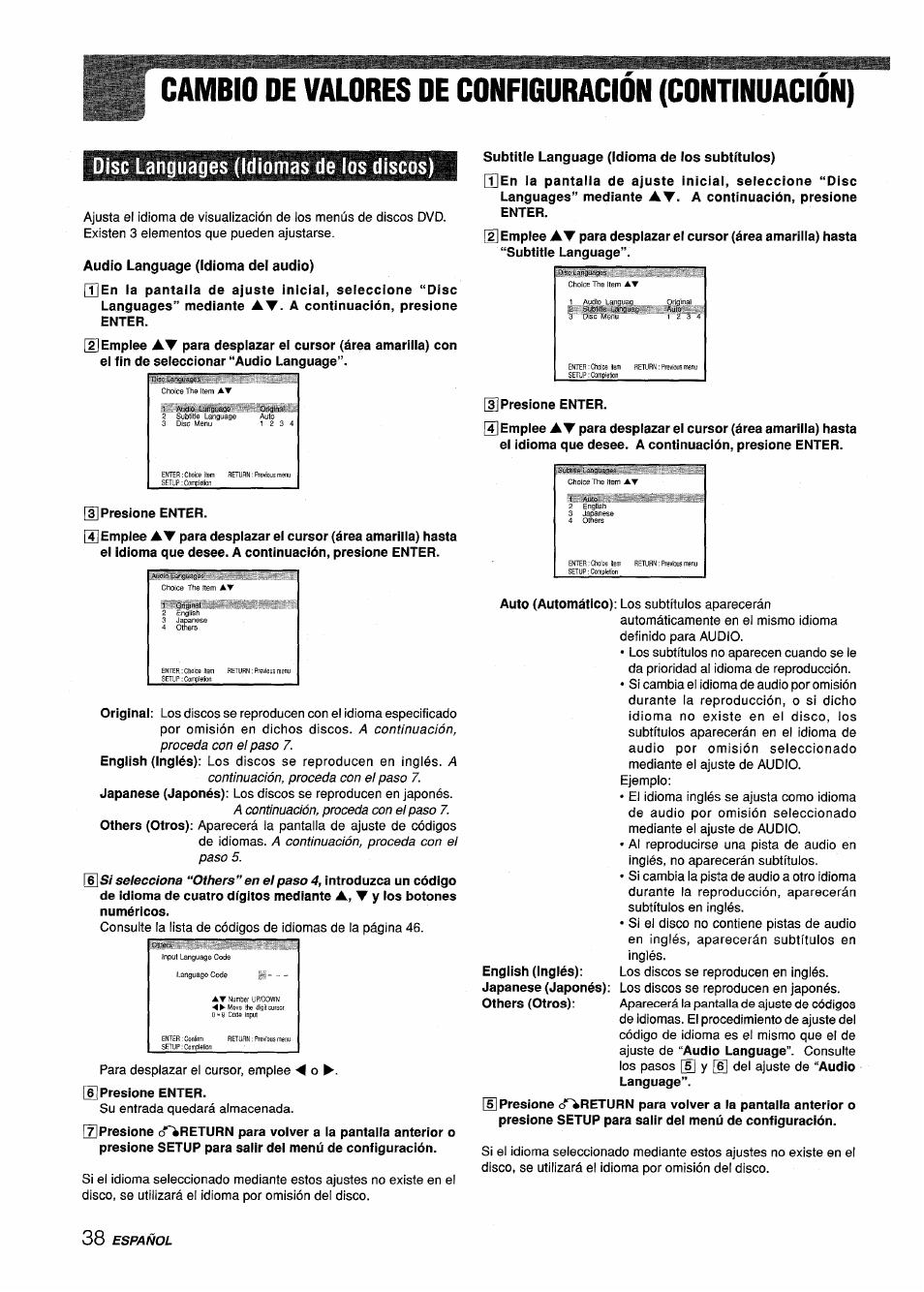 Disc languages (idiomas de los discos), Audio language (idioma del audio), Presione enter | Subtitle language (idioma de los subtítulos), Cambio oe valores de configuración (continuación), Aparecerá, Pantalla de, A, t | Sony XD-DV300 User Manual | Page 86 / 148