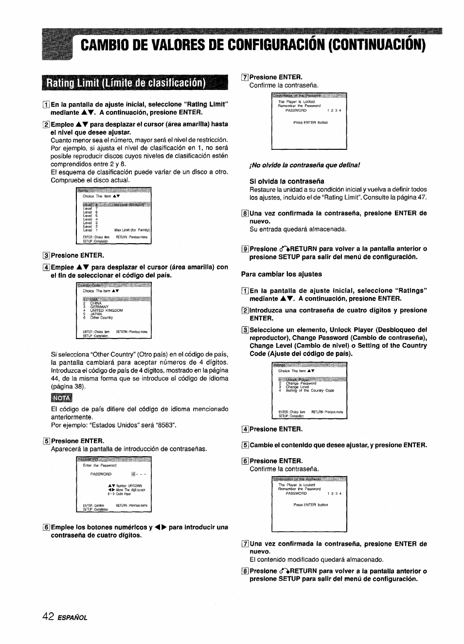 Rating limit (límite de clasificación), Cambio de valores de conficuración (continuación) | Sony XD-DV300 User Manual | Page 90 / 148