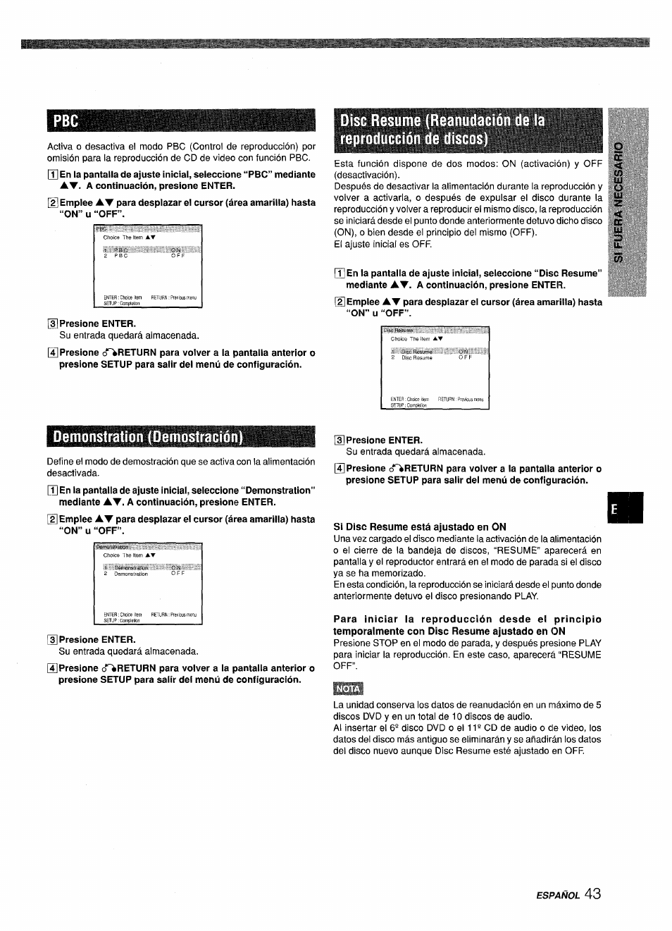 In presione enter, Disc resume (reanud reproducción de disco, Demonstration (demostración) | Presione enter, 3] presione enter, Si disc resume está ajustado en on, Sdemonstration (demostración), Lu z | Sony XD-DV300 User Manual | Page 91 / 148