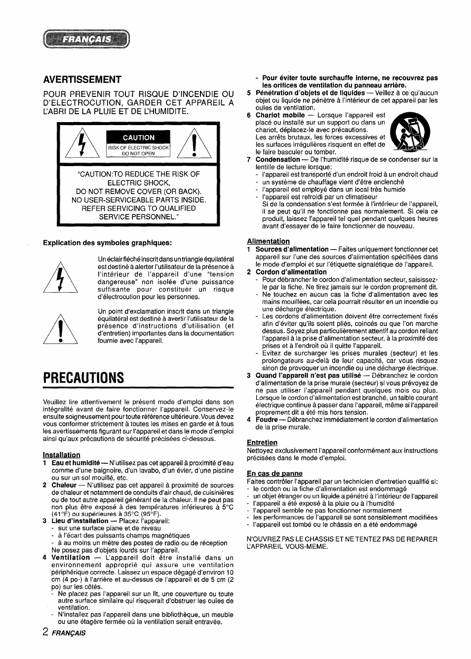 Explication des symboles graphiques, Installation, Alimentation | 2 cordon d’alimentation, Entretien, En cas de panne, Precautions | Sony XD-DV300 User Manual | Page 98 / 148