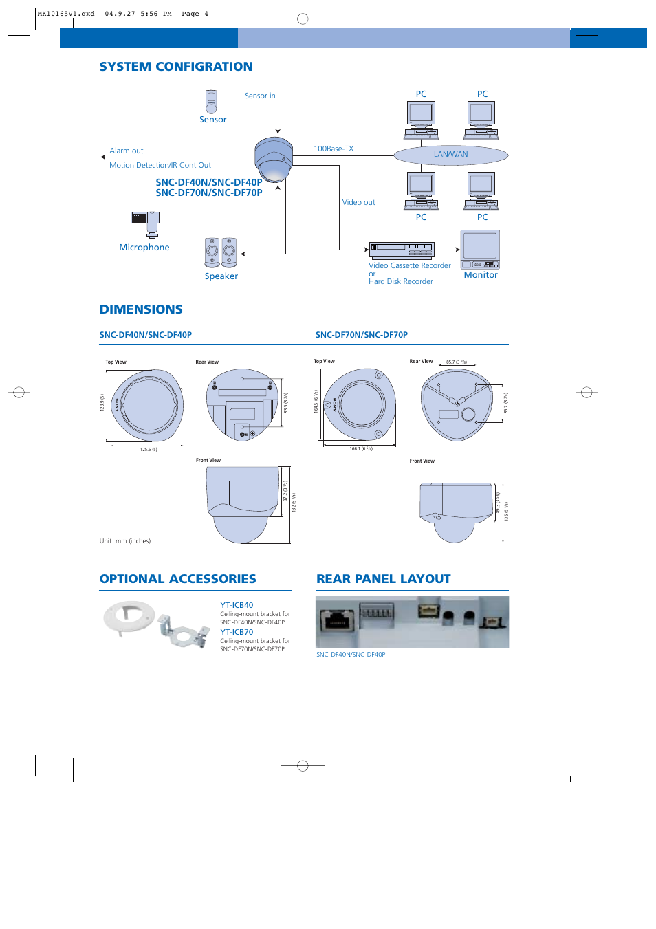 System configration dimensions, Optional accessories, Rear panel layout | Monitor pc pc pc speaker microphone pc, Sensor | Sony SNC-DF40N User Manual | Page 5 / 6