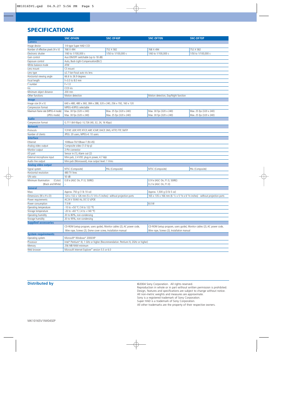 Specifications, Distributed by | Sony SNC-DF40N User Manual | Page 6 / 6