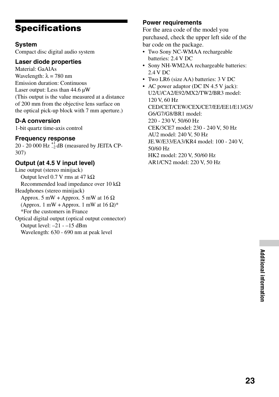 Specifications, 23 specifications | Sony D-EJ835 User Manual | Page 23 / 28
