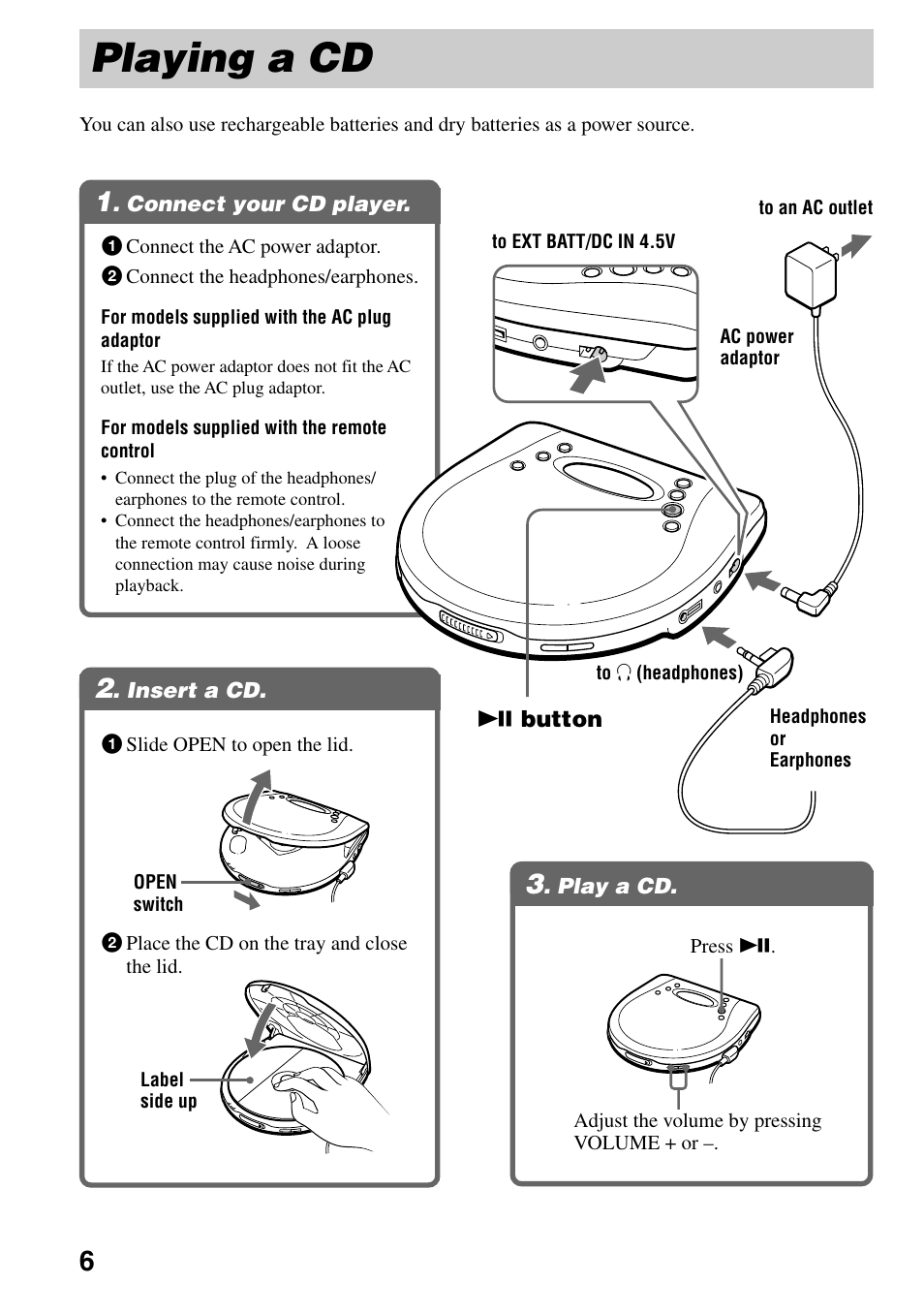 Playing a cd, Connect your cd player, Insert a cd | Play a cd, 1 . connect your cd player, 2 . insert a cd, 3 . play a cd | Sony D-EJ835 User Manual | Page 6 / 28