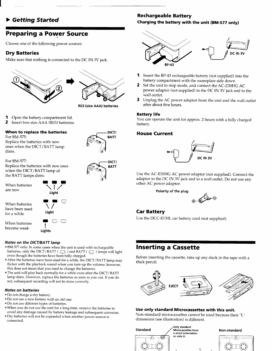 Preparing a power source, Polarity of the plug, Inserting a cassette | Getting started, Dry batteries, Rechargeable battery, House current, Car battery | Sony BM-577  EN User Manual | Page 2 / 6