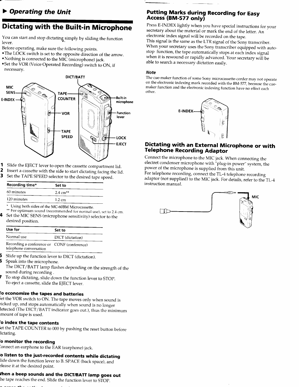 Dictating with the built-in microphone, Recording time, Use for | Operating the unit | Sony BM-577  EN User Manual | Page 3 / 6