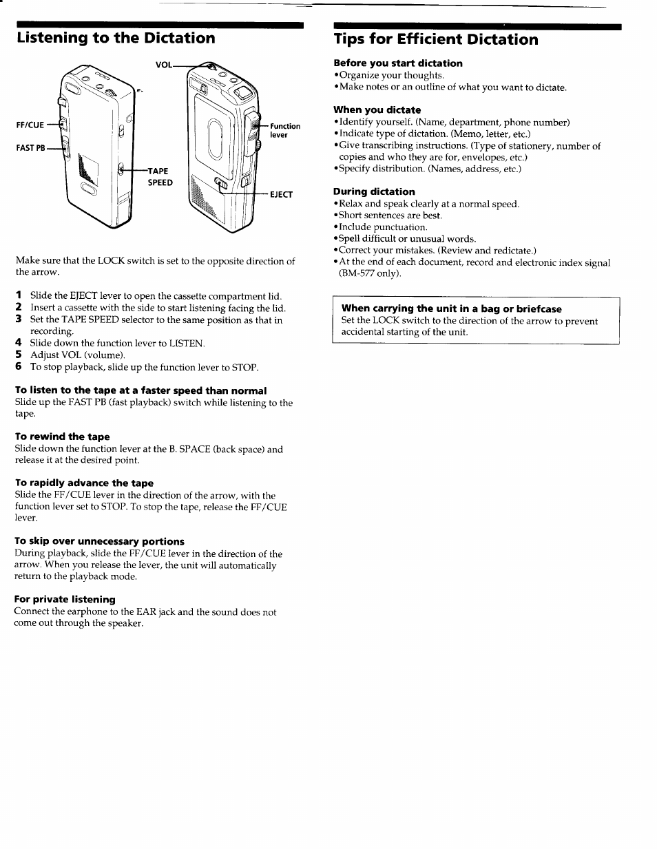 Listening to the dictation, Tips for efficient dictation | Sony BM-577  EN User Manual | Page 4 / 6