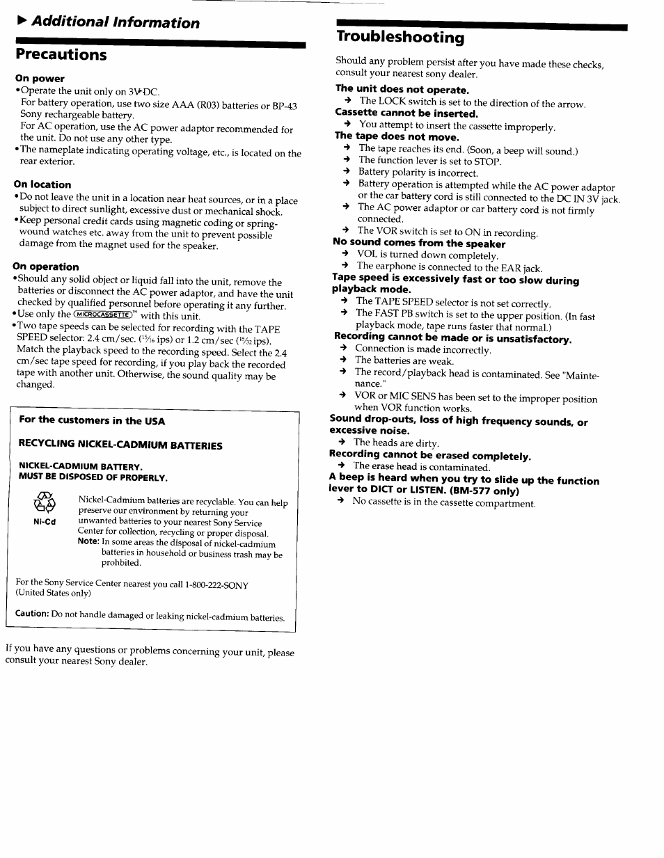 Precautions, Troubleshooting, Additional information | Sony BM-577  EN User Manual | Page 5 / 6