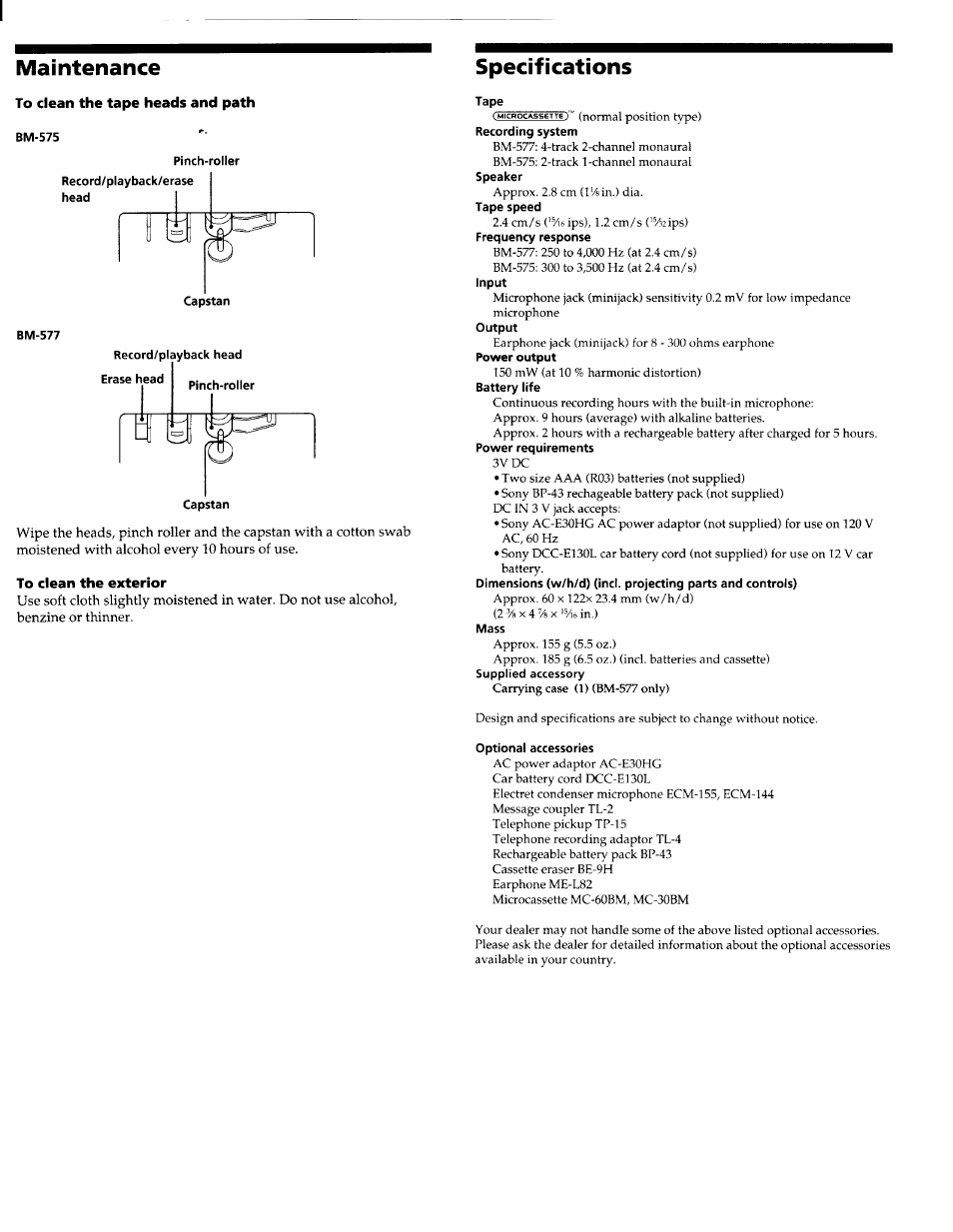 Specifications, Tape, Recording system | Tape speed, Frequency response, Input, Power output, Battery life, Mass, Optional accessories | Sony BM-577  EN User Manual | Page 6 / 6