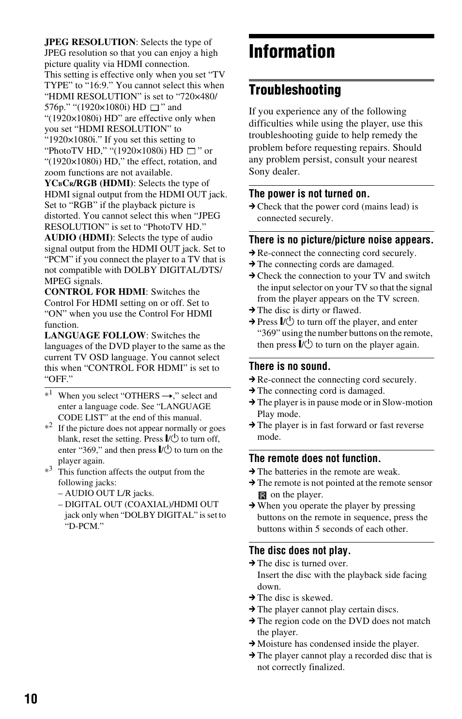 Information, Troubleshooting | Sony 4-169-957-12(1) User Manual | Page 10 / 16