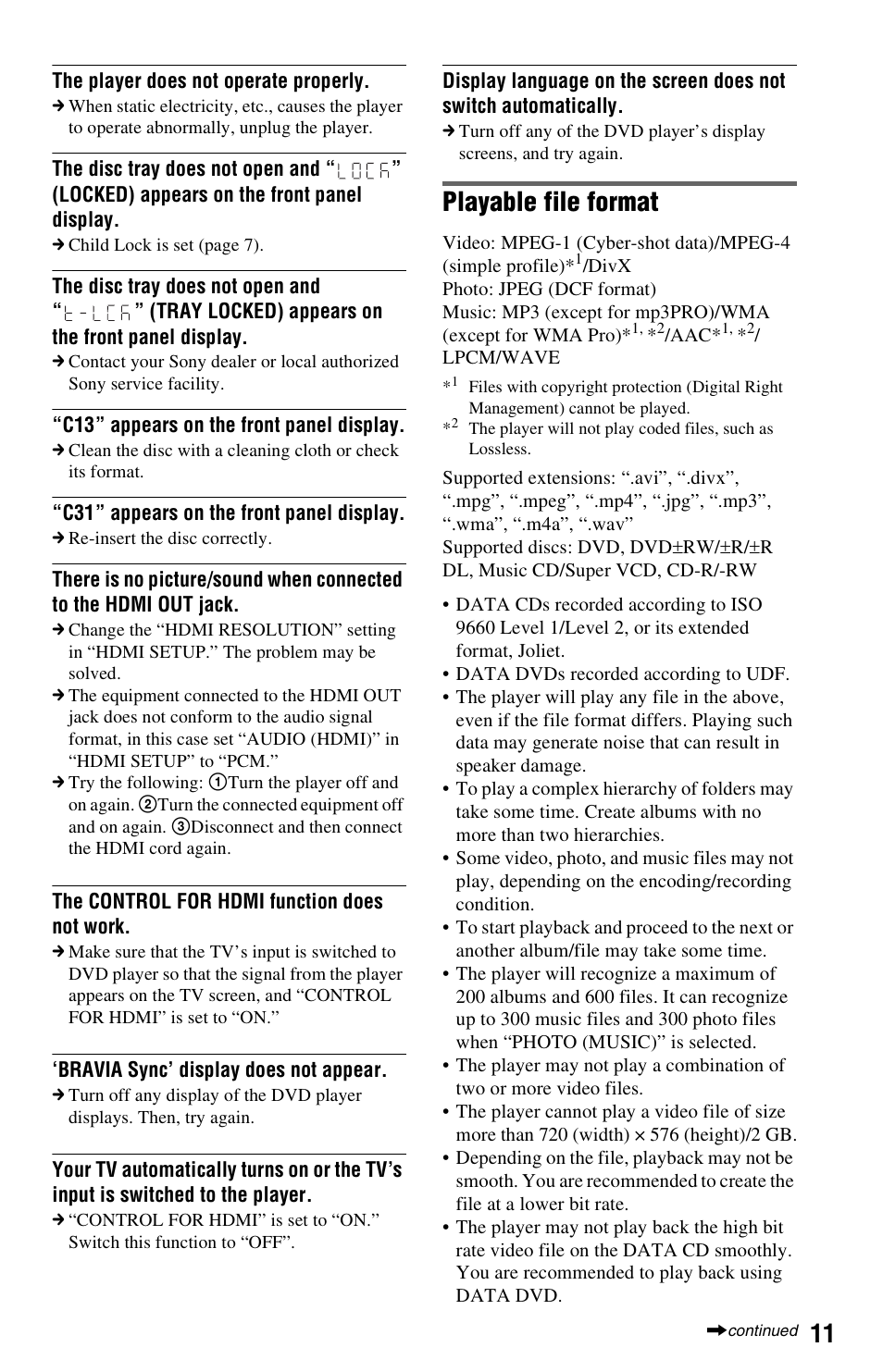 Playable file format | Sony 4-169-957-12(1) User Manual | Page 11 / 16
