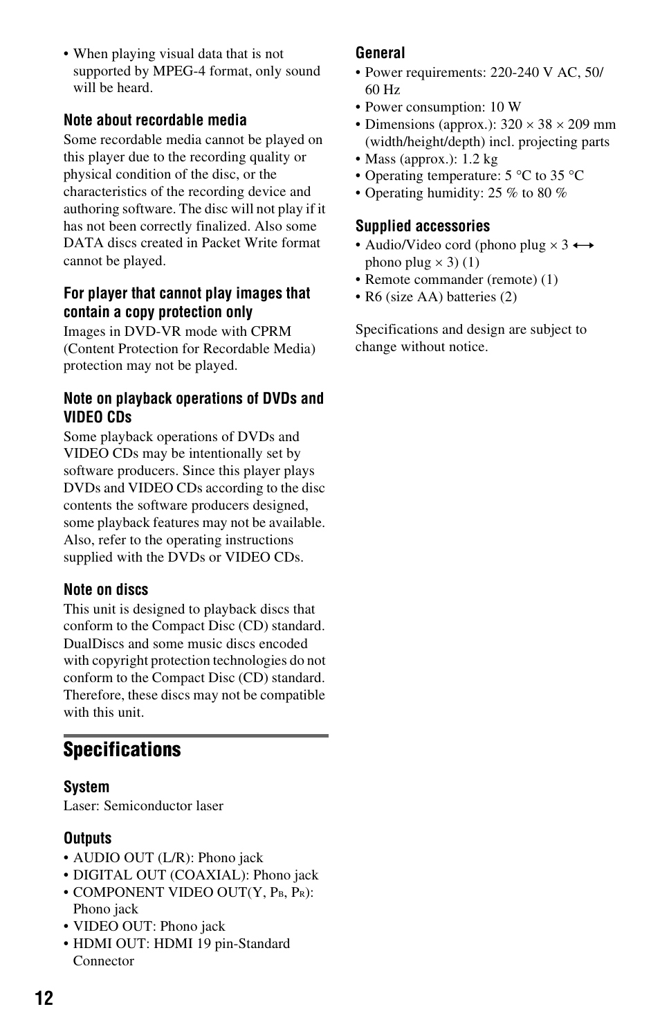 Specifications | Sony 4-169-957-12(1) User Manual | Page 12 / 16