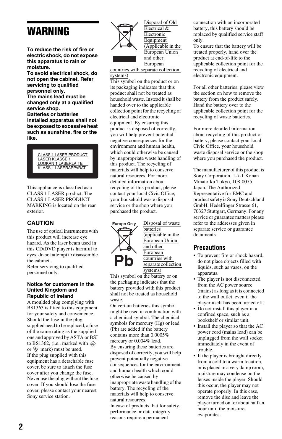 Warning, Precautions | Sony 4-169-957-12(1) User Manual | Page 2 / 16