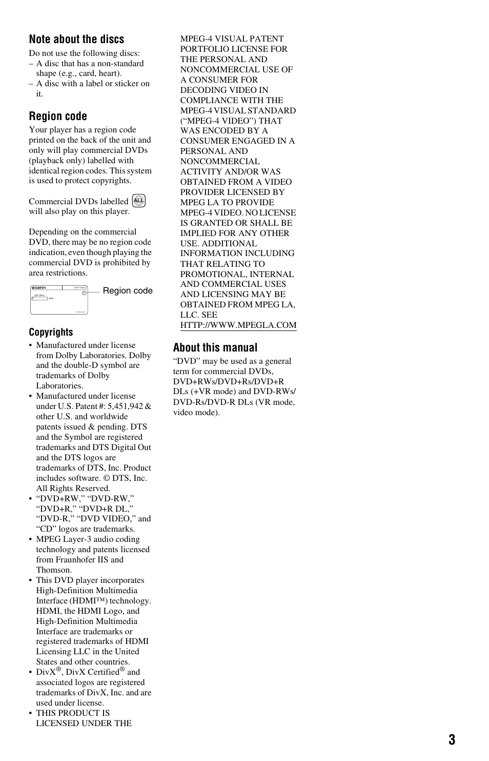 Region code, About this manual, Copyrights | Sony 4-169-957-12(1) User Manual | Page 3 / 16