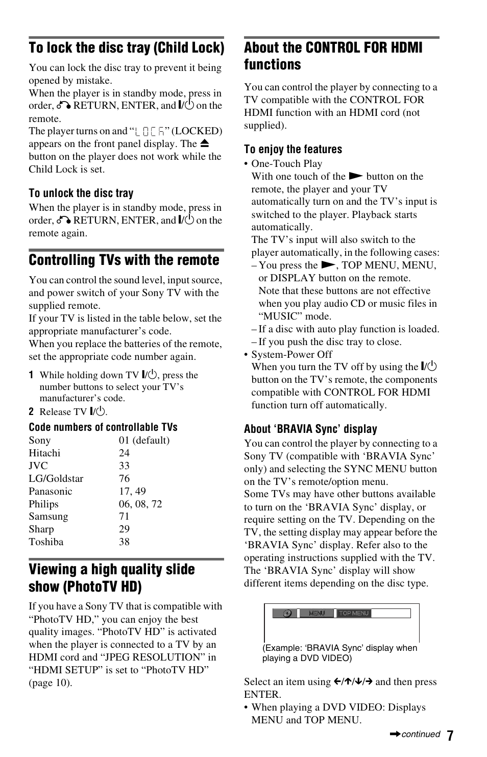 To lock the disc tray (child lock), Controlling tvs with the remote, Viewing a high quality slide show (phototv hd) | About the control for hdmi functions | Sony 4-169-957-12(1) User Manual | Page 7 / 16