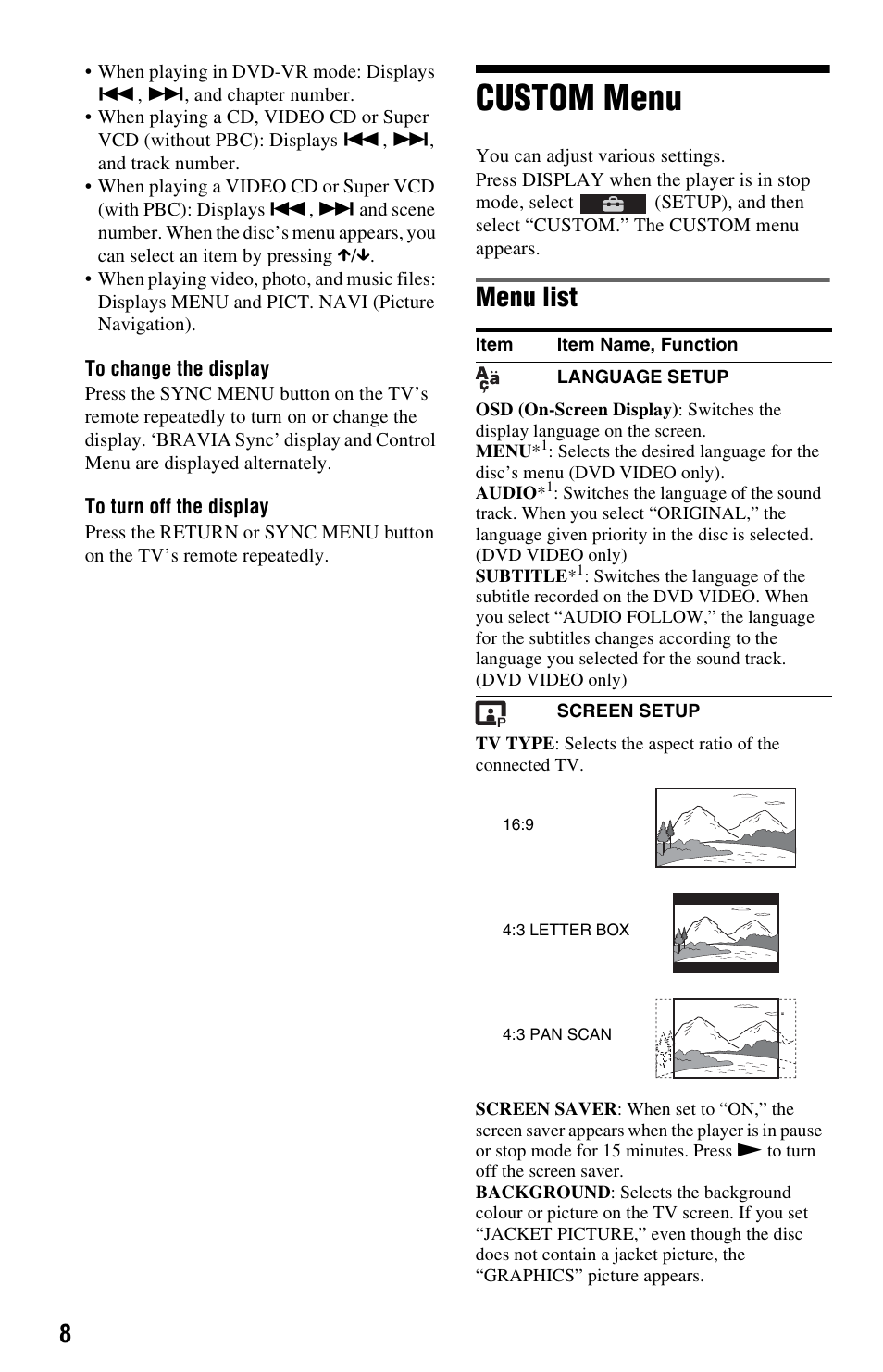 Custom menu, Menu list | Sony 4-169-957-12(1) User Manual | Page 8 / 16