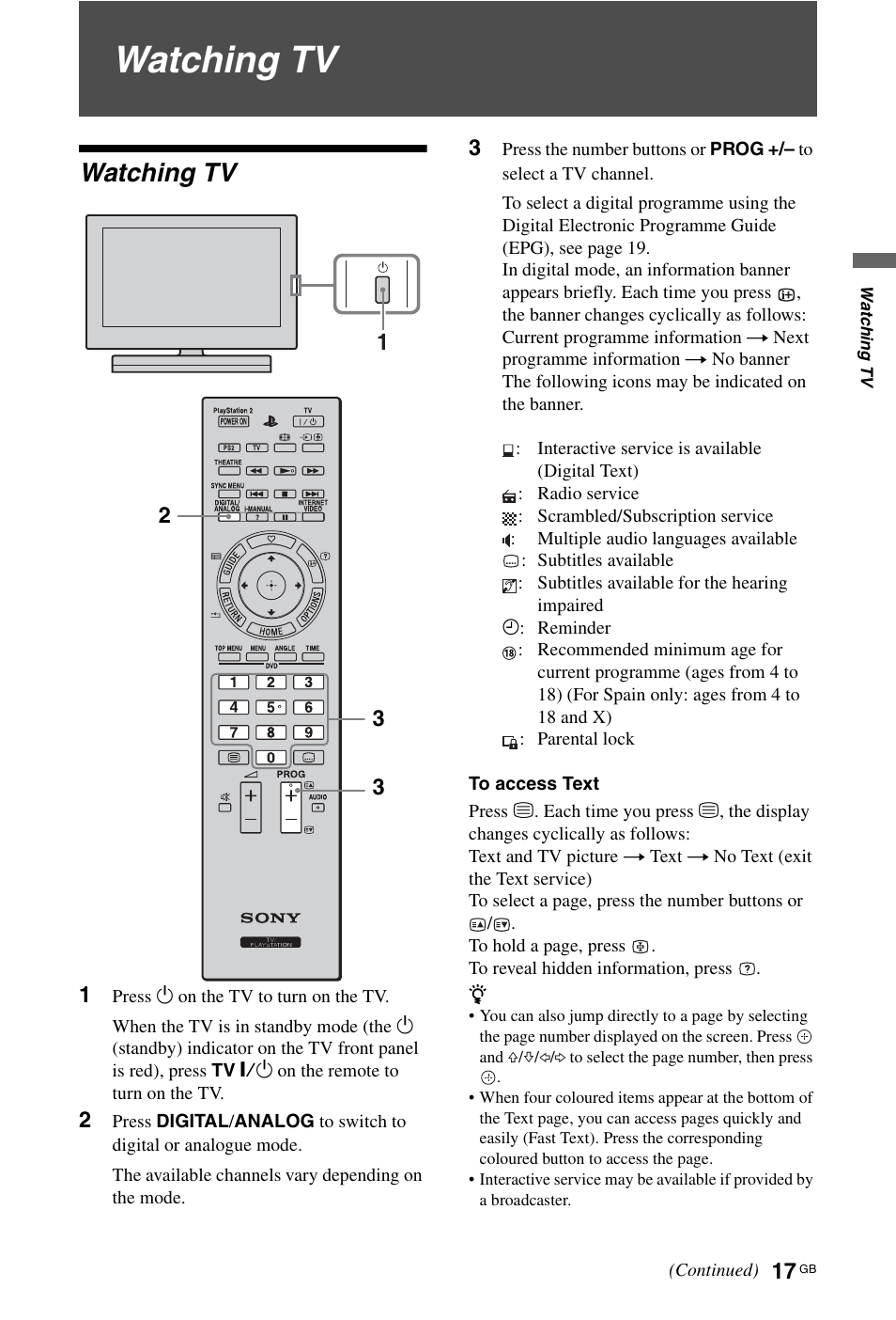 Watching tv | Sony BRAVIA 4-256-733-F2(1) User Manual | Page 17 / 72