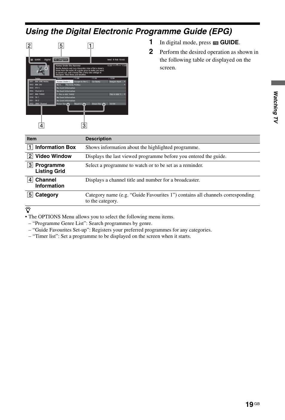 Using the digital electronic programme guide (epg) | Sony BRAVIA 4-256-733-F2(1) User Manual | Page 19 / 72