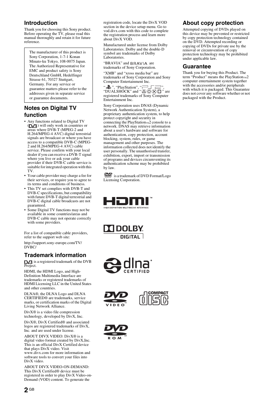 Introduction, Trademark information, About copy protection | Guarantee | Sony BRAVIA 4-256-733-F2(1) User Manual | Page 2 / 72