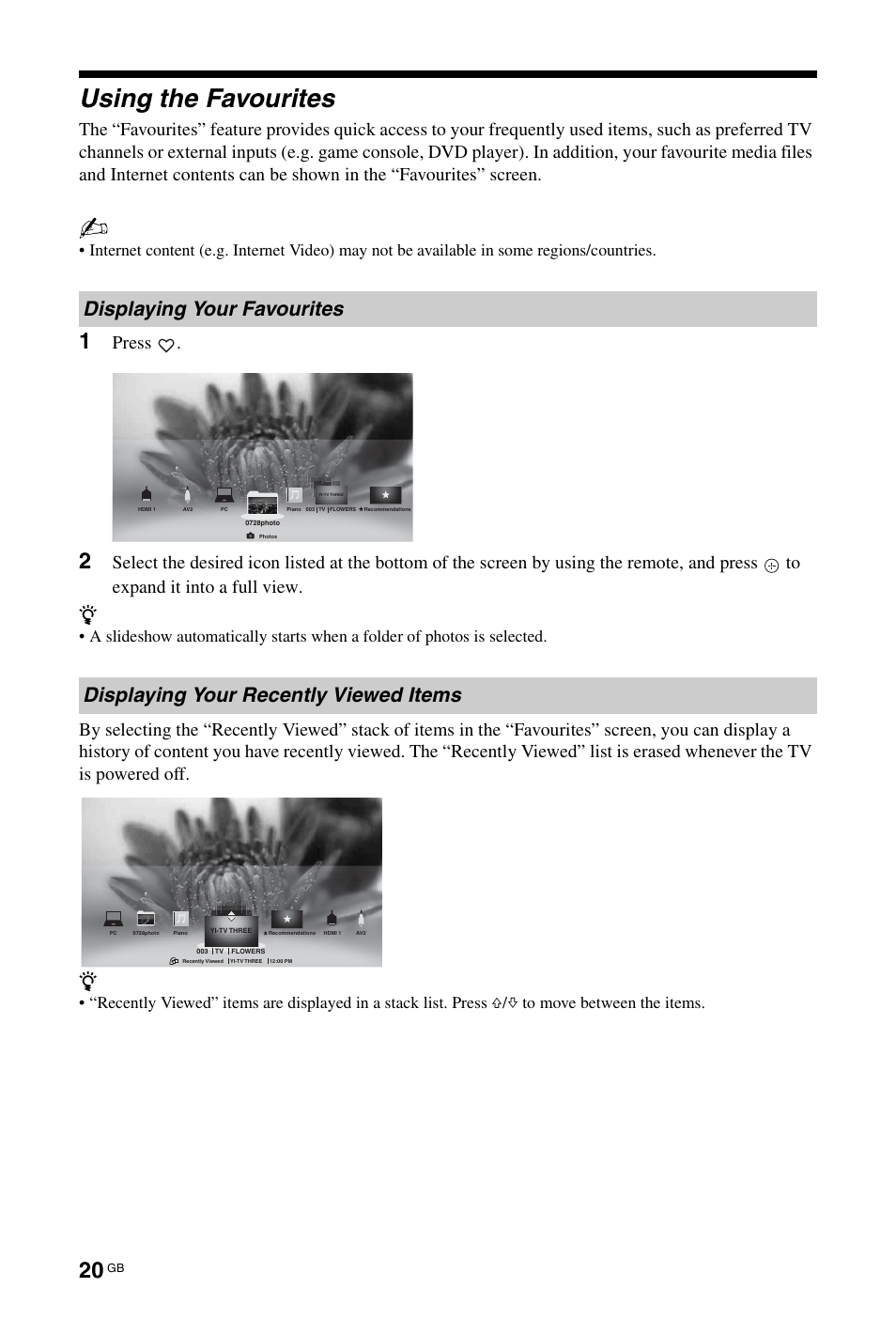 Using the favourites, Press | Sony BRAVIA 4-256-733-F2(1) User Manual | Page 20 / 72