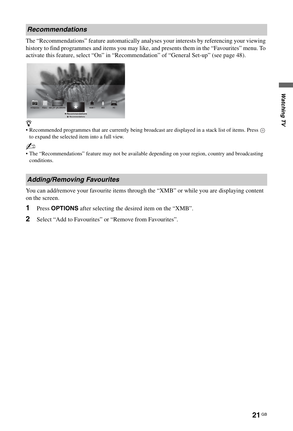 Recommendations adding/removing favourites | Sony BRAVIA 4-256-733-F2(1) User Manual | Page 21 / 72