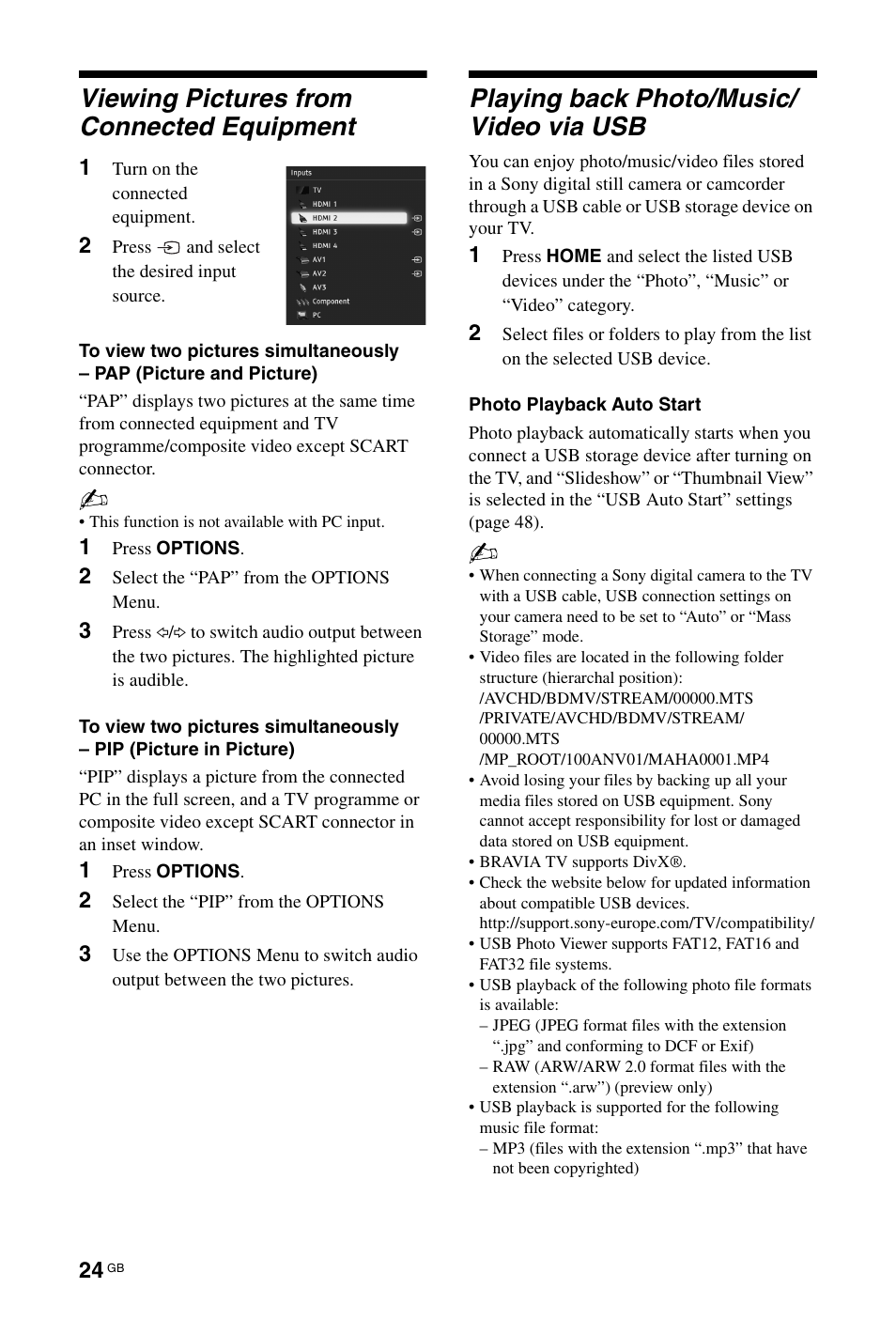 Viewing pictures from connected equipment, Playing back photo/music/ video via usb, Playing back photo/music/video via usb | Sony BRAVIA 4-256-733-F2(1) User Manual | Page 24 / 72