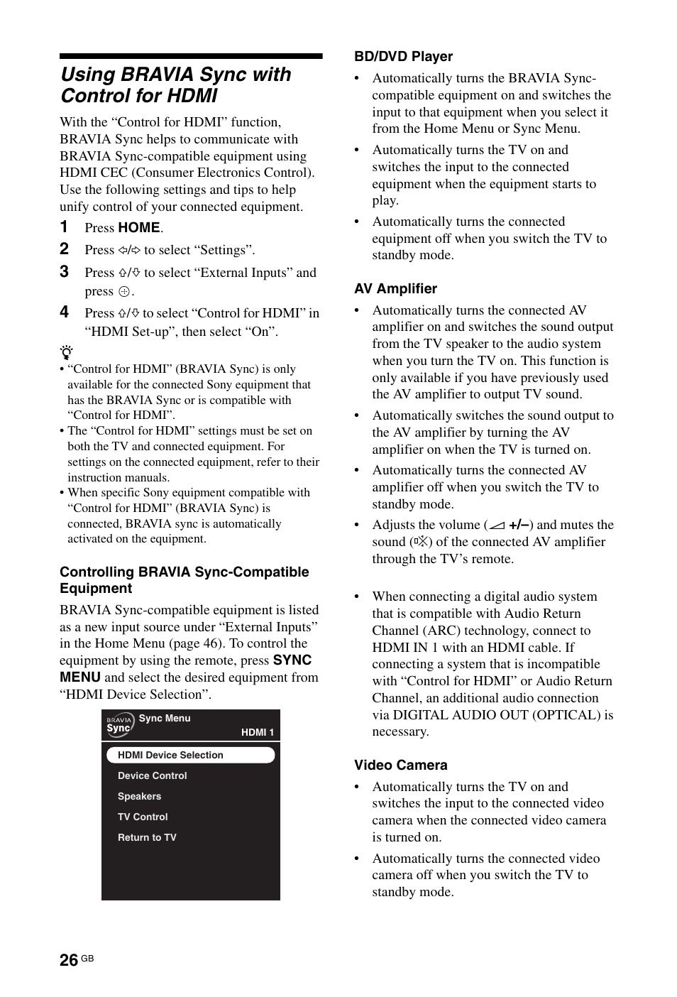 Using bravia sync with control for hdmi | Sony BRAVIA 4-256-733-F2(1) User Manual | Page 26 / 72