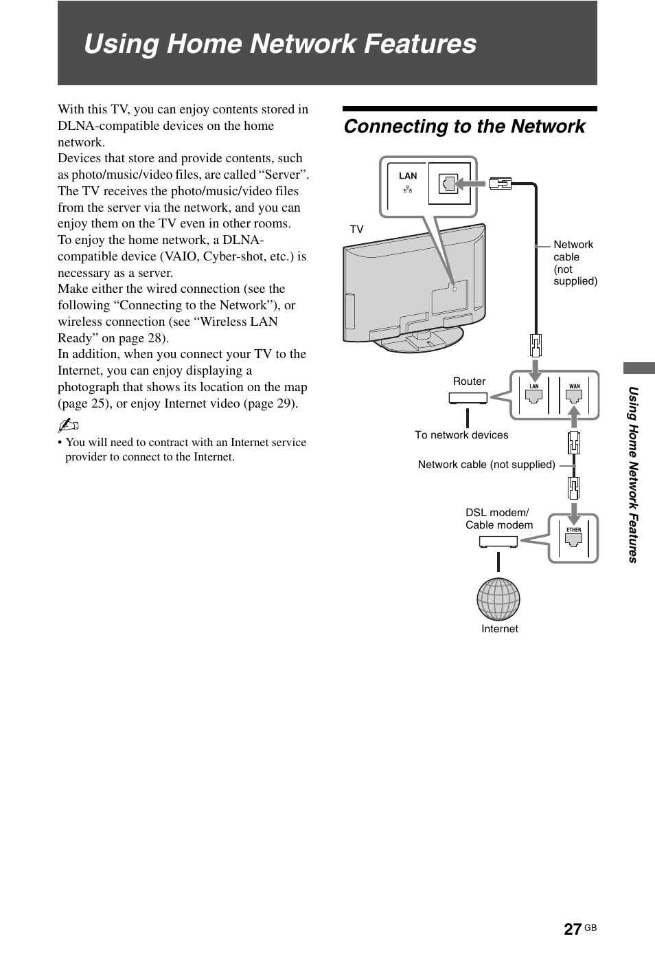 Using home network features, Connecting to the network | Sony BRAVIA 4-256-733-F2(1) User Manual | Page 27 / 72