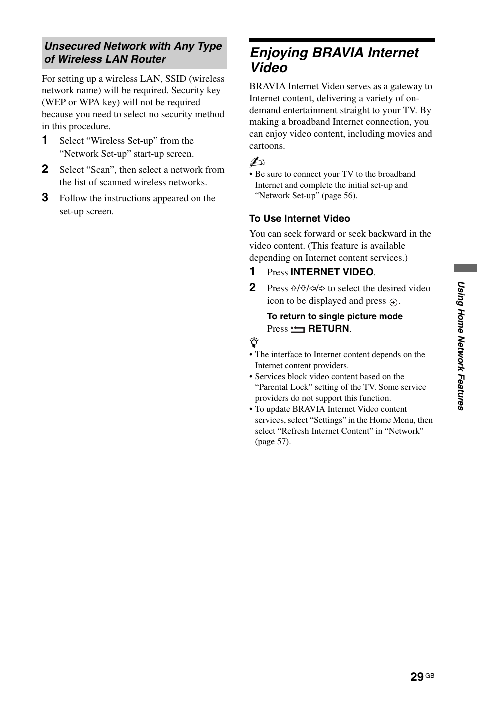 Enjoying bravia internet video | Sony BRAVIA 4-256-733-F2(1) User Manual | Page 29 / 72