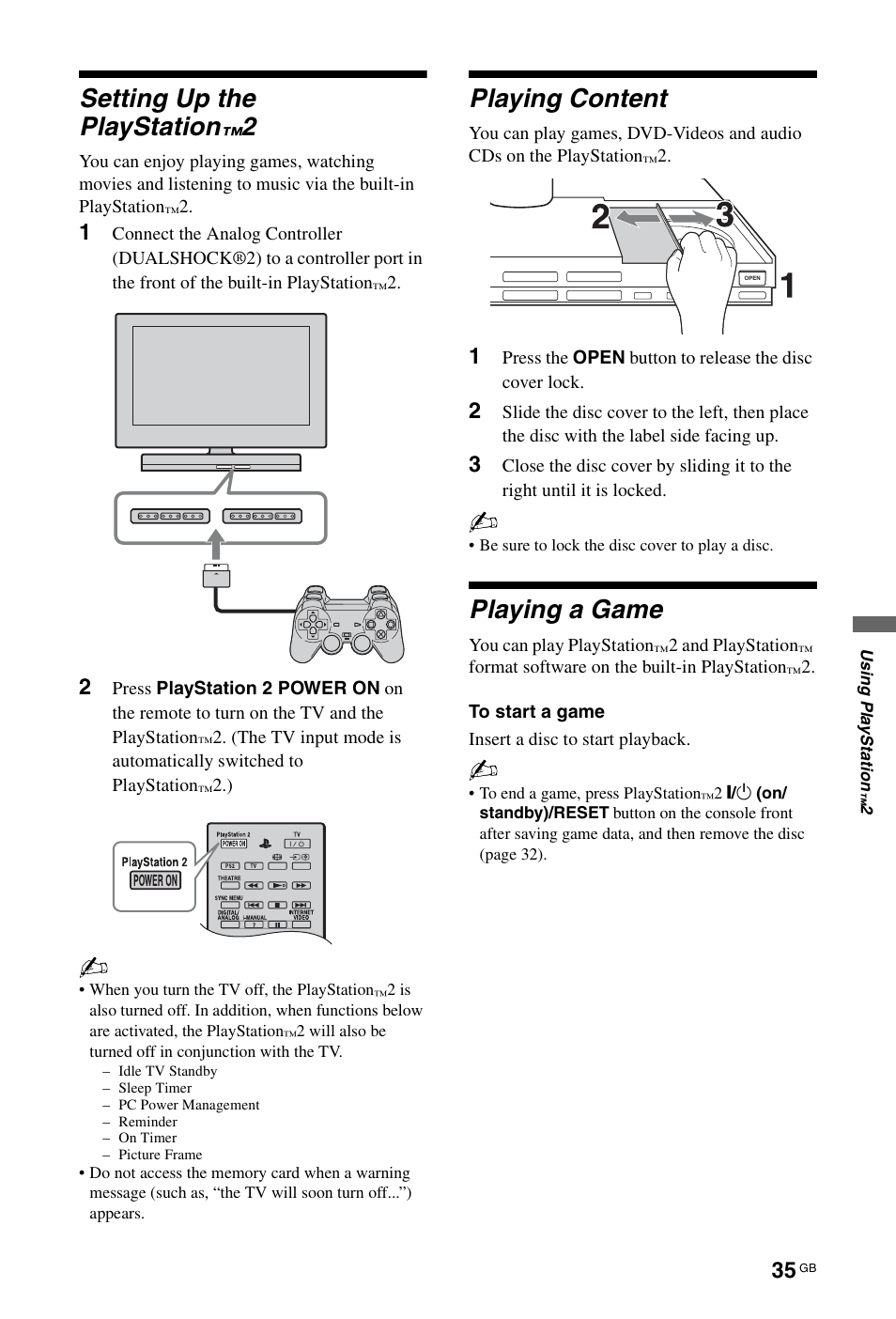 Setting up the playstation™2, Playing content, Playing a game | Setting up the playstation | Sony BRAVIA 4-256-733-F2(1) User Manual | Page 35 / 72