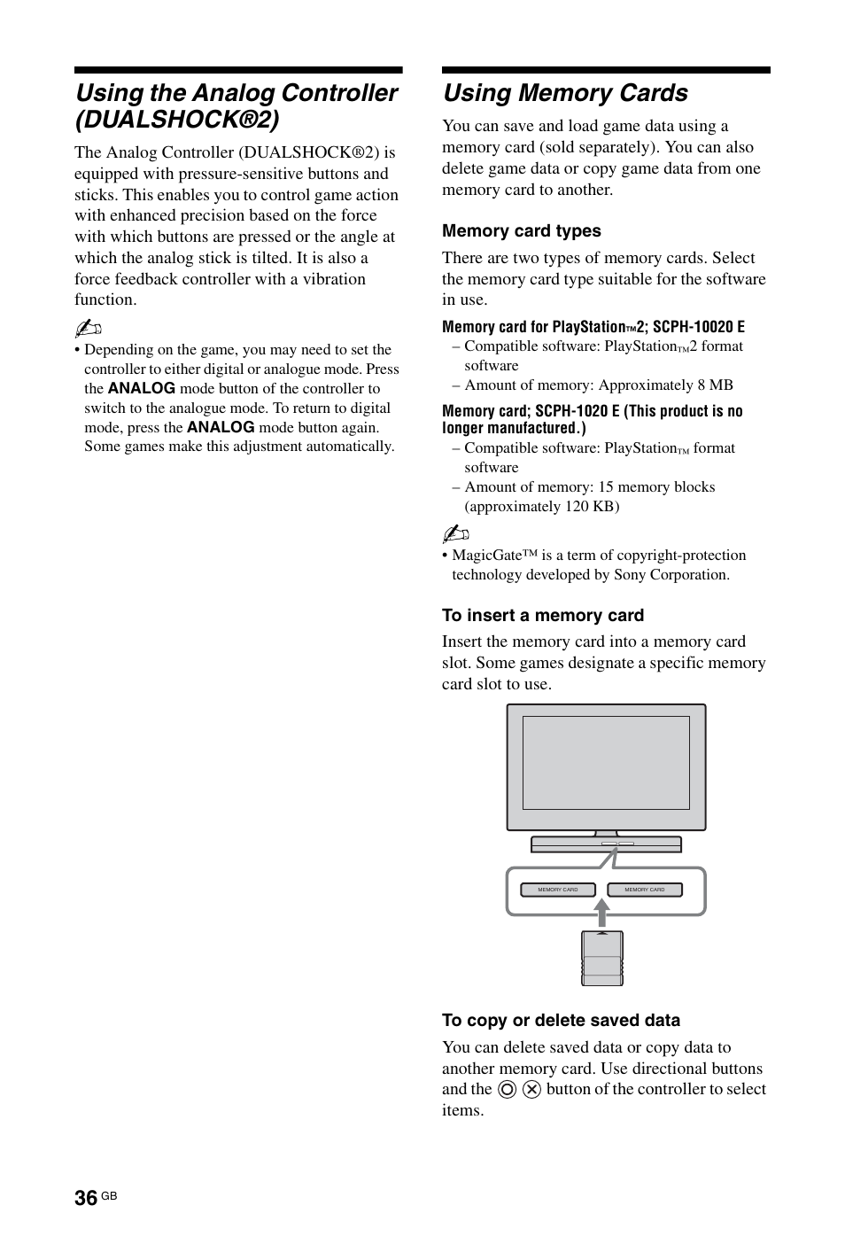 Using the analog controller (dualshock®2), Using memory cards | Sony BRAVIA 4-256-733-F2(1) User Manual | Page 36 / 72
