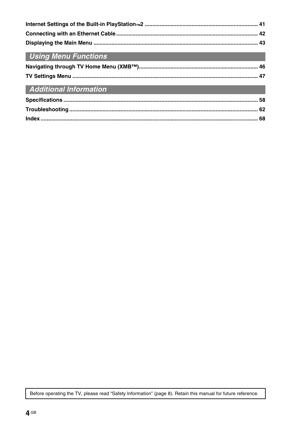 Using menu functions, Additional information | Sony BRAVIA 4-256-733-F2(1) User Manual | Page 4 / 72