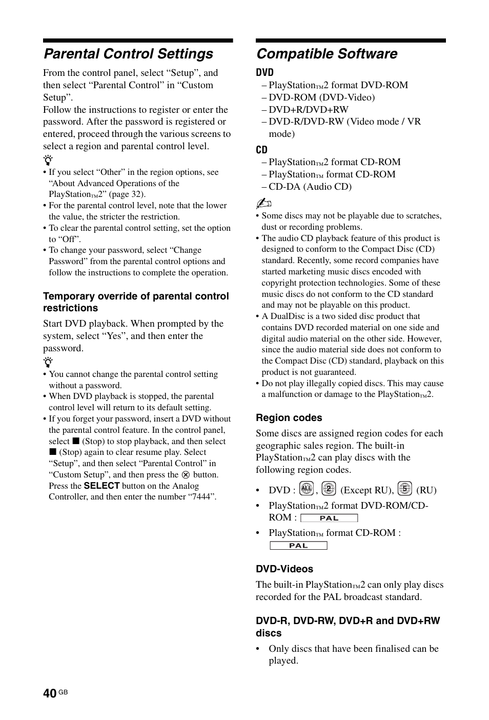 Parental control settings, Compatible software | Sony BRAVIA 4-256-733-F2(1) User Manual | Page 40 / 72