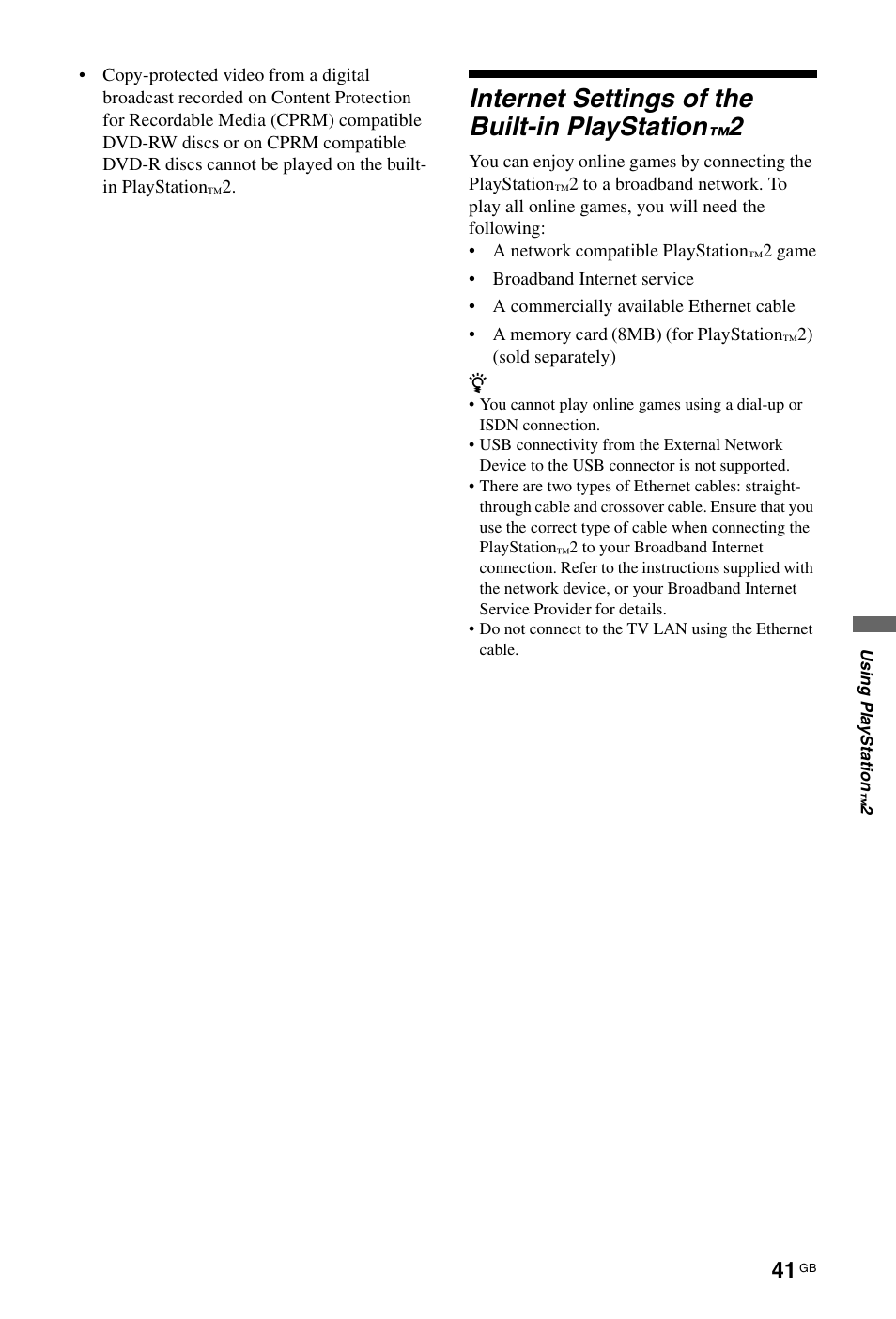 Internet settings of the built-in playstation™2, Internet settings of the built-in playstation | Sony BRAVIA 4-256-733-F2(1) User Manual | Page 41 / 72