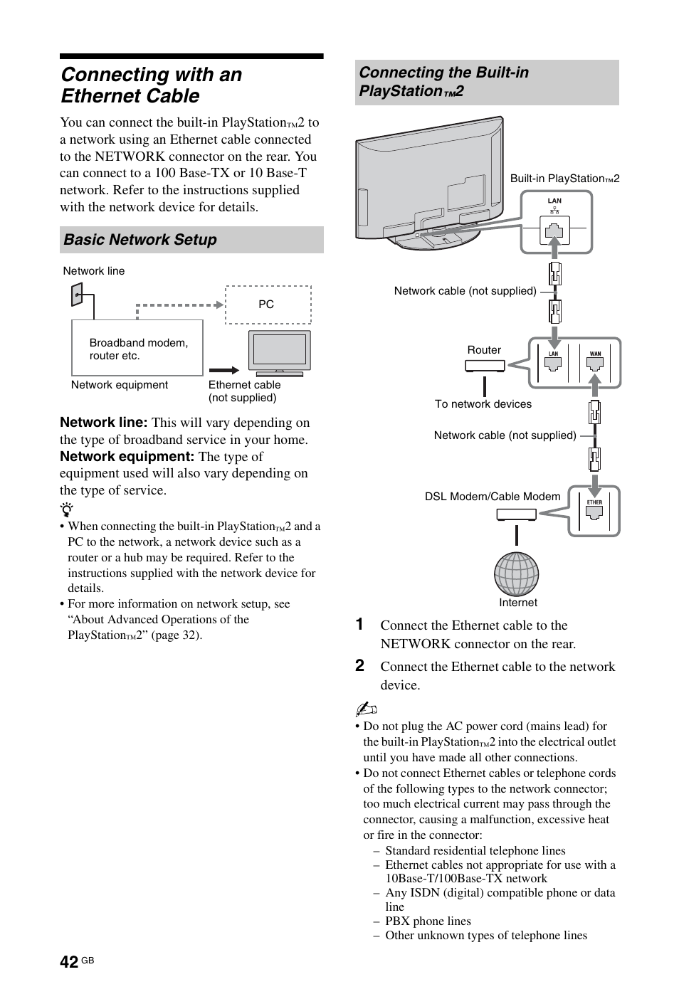 Connecting with an ethernet cable, Basic network setup, Connecting the built-in playstation | Sony BRAVIA 4-256-733-F2(1) User Manual | Page 42 / 72
