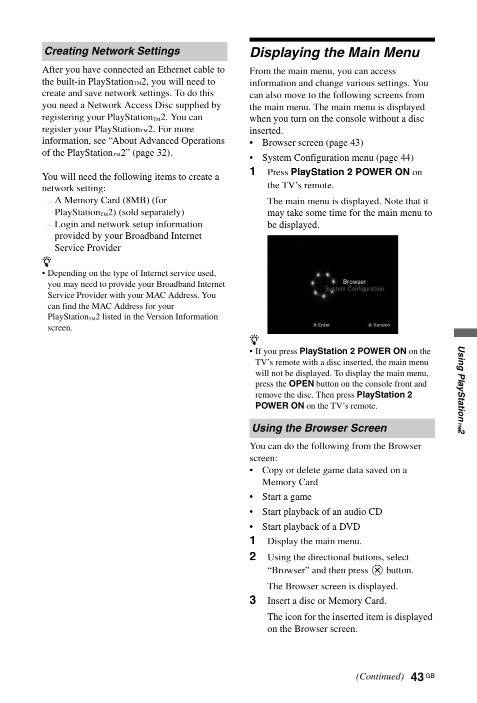 Displaying the main menu | Sony BRAVIA 4-256-733-F2(1) User Manual | Page 43 / 72