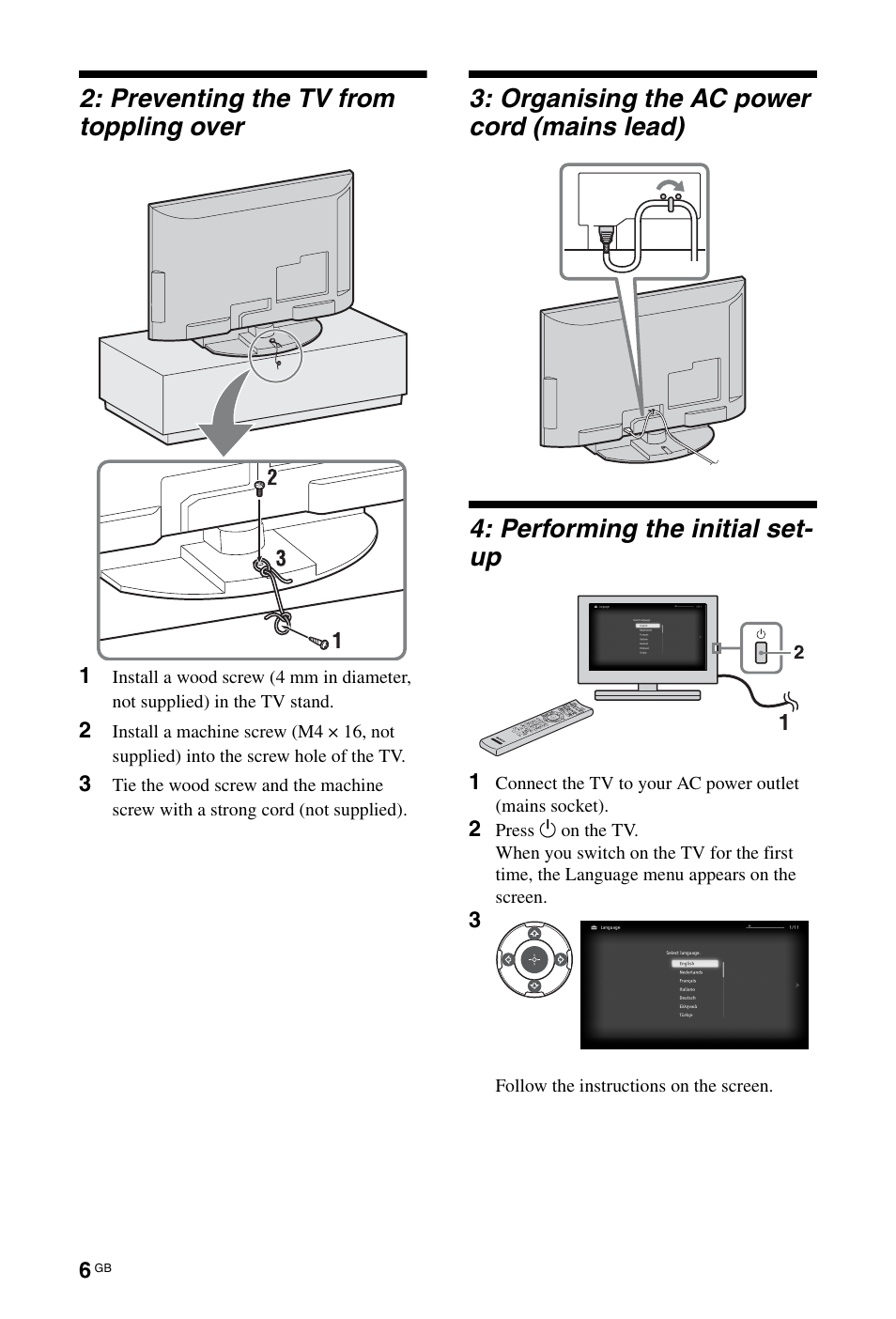Preventing the tv from toppling over | Sony BRAVIA 4-256-733-F2(1) User Manual | Page 6 / 72