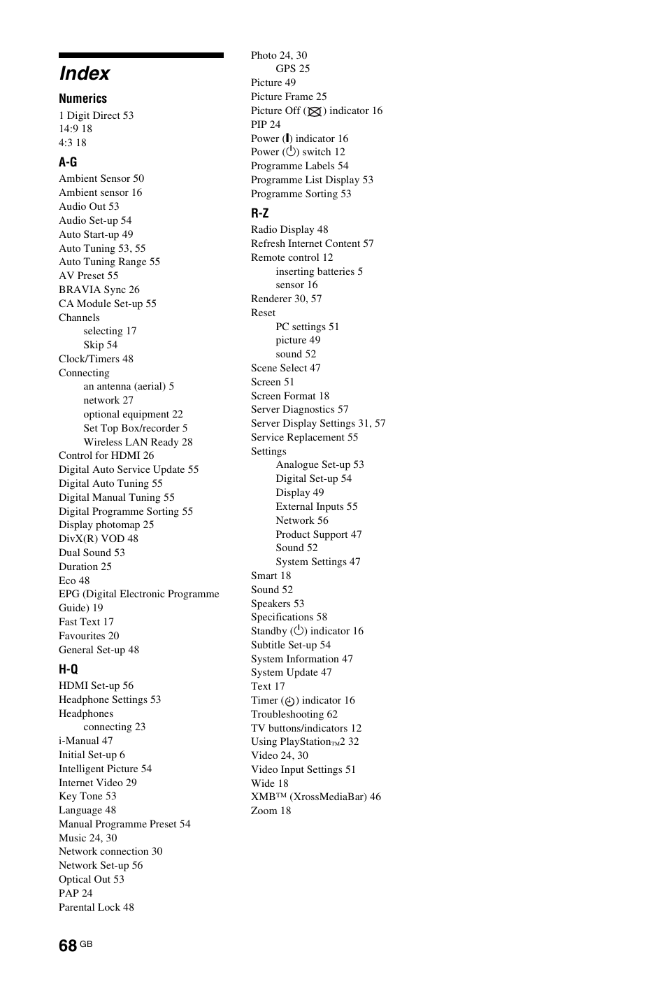 Index | Sony BRAVIA 4-256-733-F2(1) User Manual | Page 68 / 72