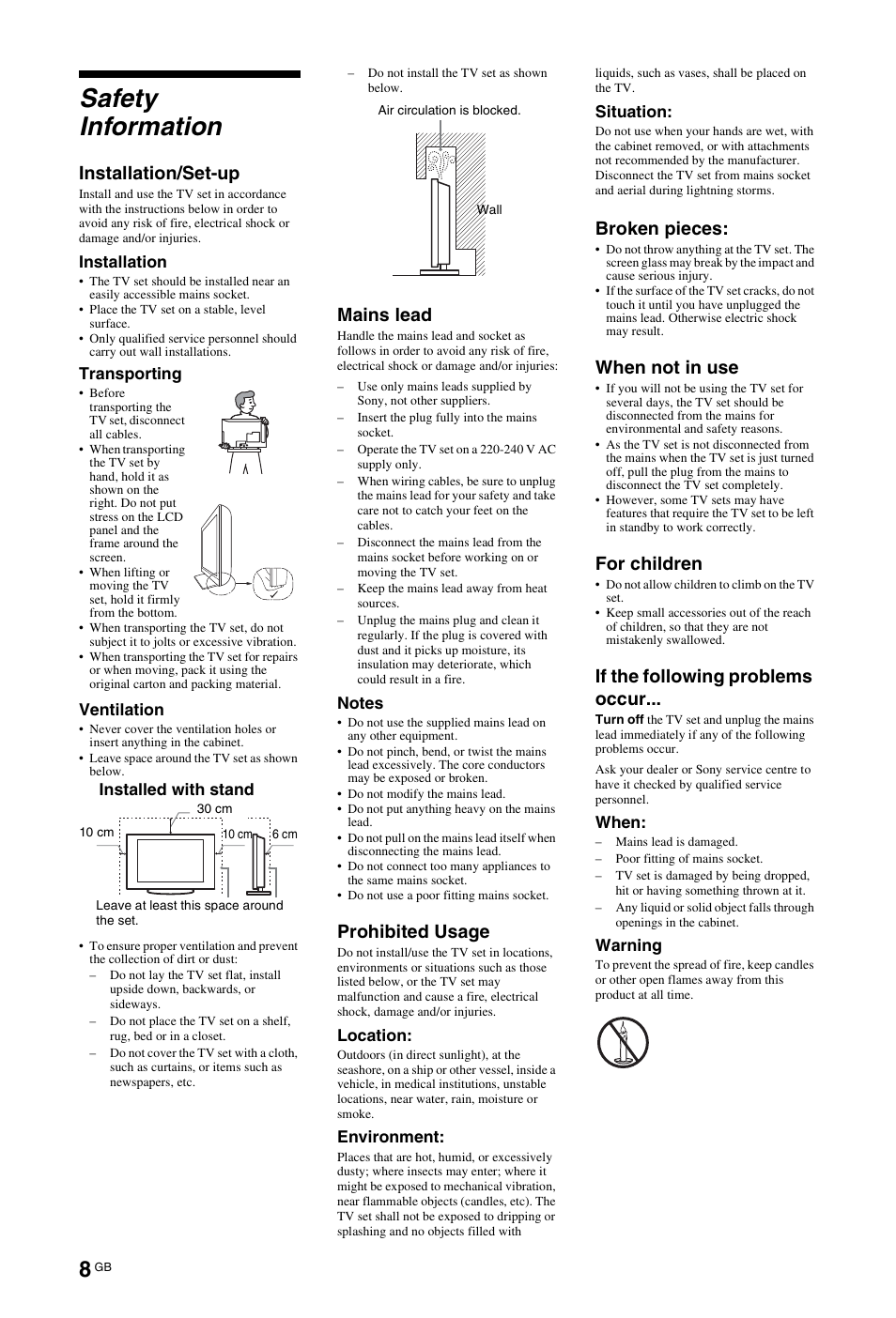 Safety information, Installation/set-up, Mains lead | Prohibited usage, Broken pieces, When not in use, For children, If the following problems occur | Sony BRAVIA 4-256-733-F2(1) User Manual | Page 8 / 72