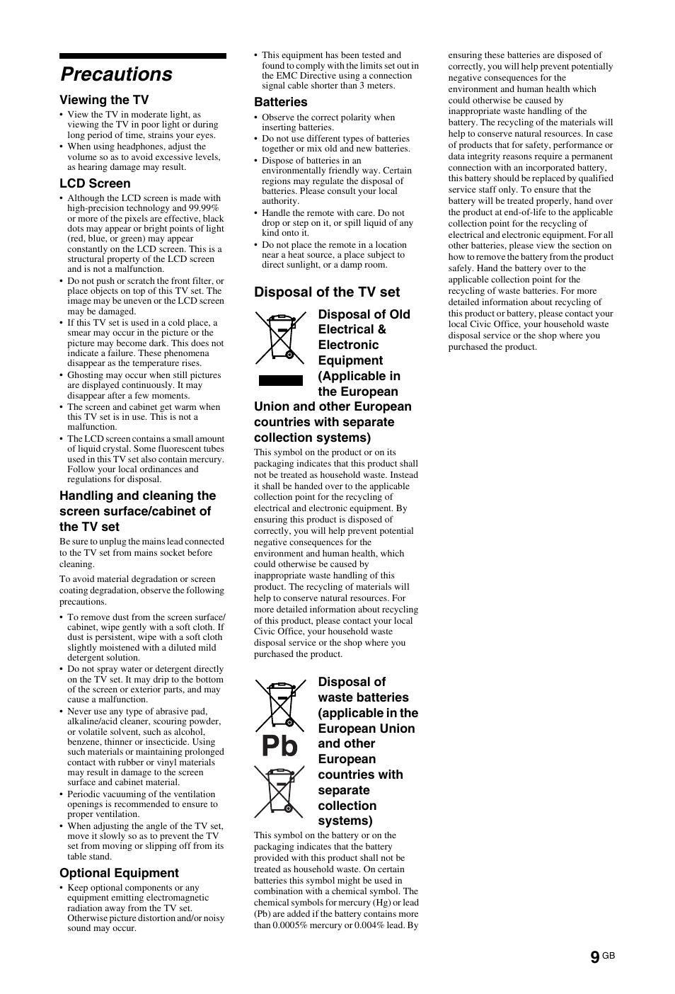 Precautions, Disposal of the tv set | Sony BRAVIA 4-256-733-F2(1) User Manual | Page 9 / 72